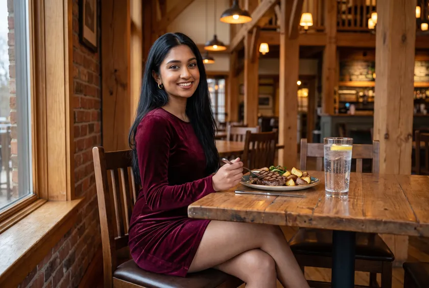 Generated image: the guide's character sits at a wooden table in a warm pub-style restaurant with a steak dinner and a glass of sparkling water.